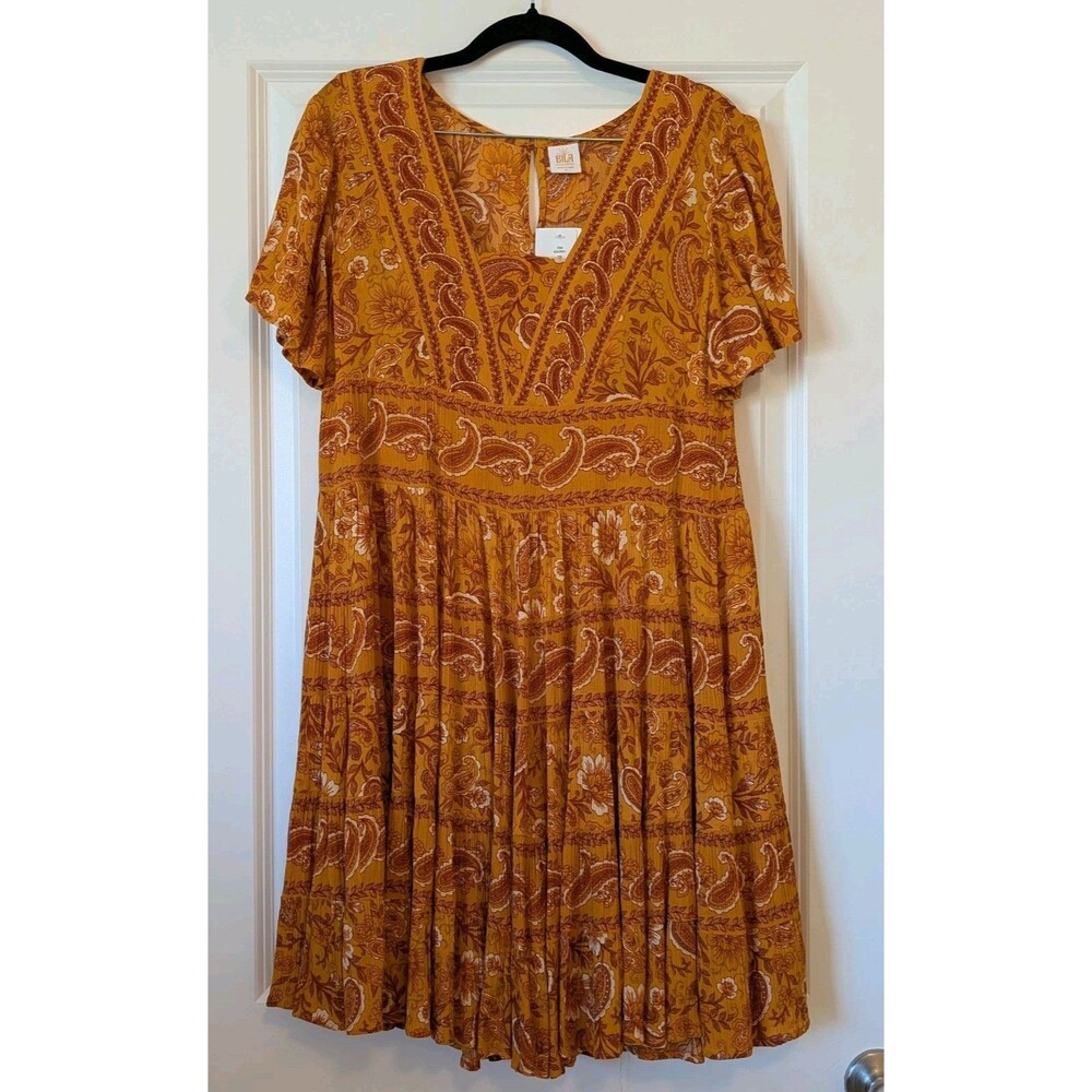 Bila Size Small Marigold Orange Paisley Floral Bohemian Midi Dress NWT